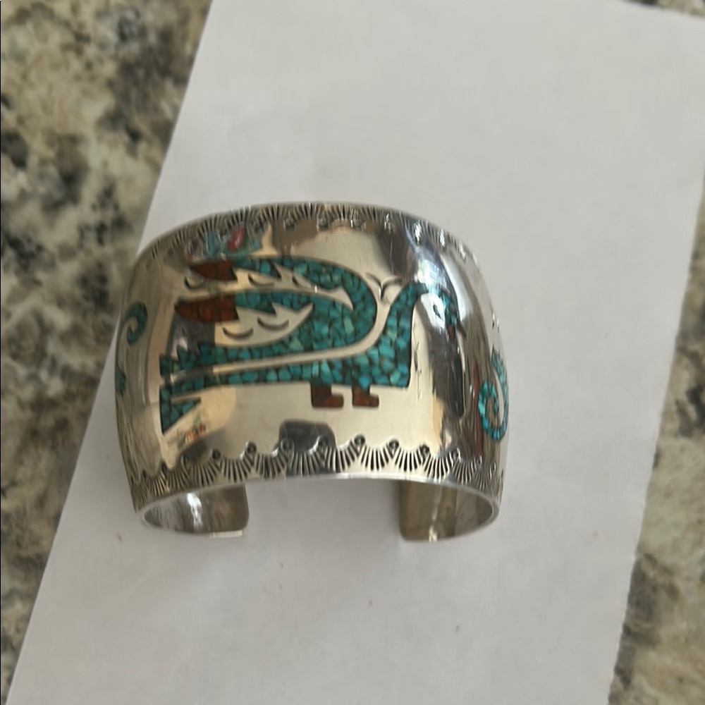 Silver Cuff Bracelet with Turquoise Inlay